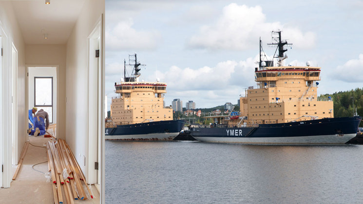 Bild vänster renoverar i en hall. Bild höger isbrytarna i Atleklassen ligger till kaj i Luleå